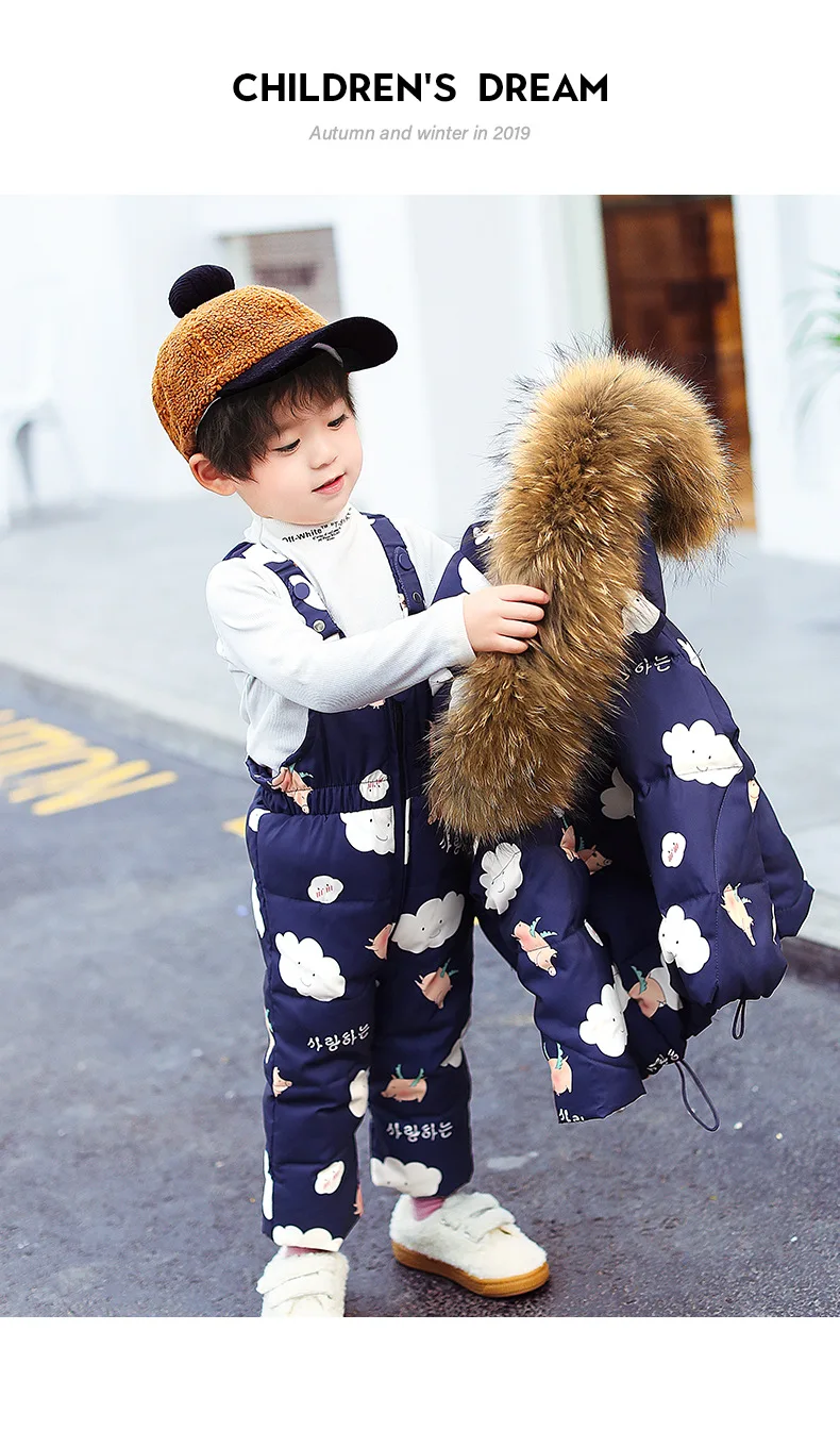 Winter children's down suit Girls pink snow suit Boy ski down suit Baby windproof down jacket+ thick Keep warm down pants