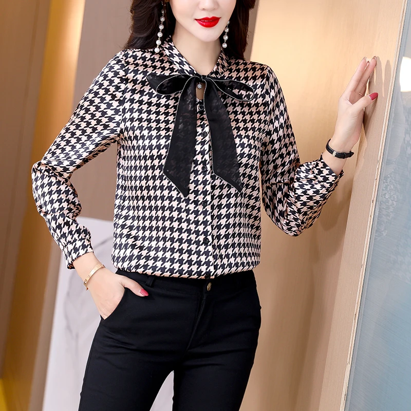 

Chikichi 2021 Spring and Autumn New Style Korean Fashion Elegant Bow Houndstooth Print Chiffon Long-sleeved Button Shirt Women