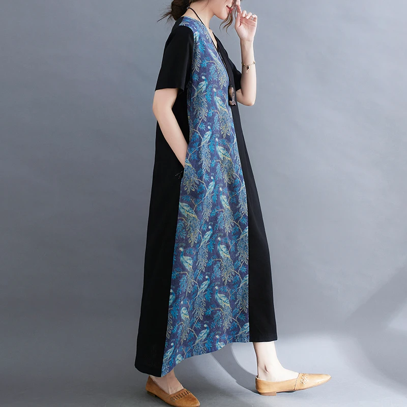 

DIMANAF 2021 Plus Size Women Dress Linen Summer Beach Sundress Vintage Patchwork V-Neck Vestidos Loose Fashion Casual Dress