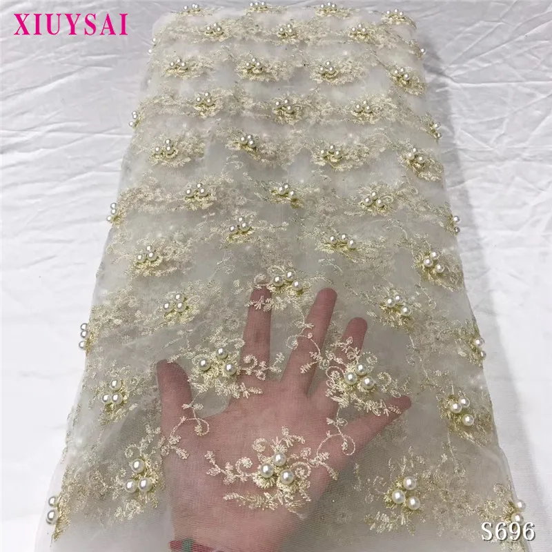 

XIUYSAI Fashion African Lace Fabric High Quality Grey Lace Nigerian Lace Fabric 2020 High Quality Lace With Beaded 5yards S696