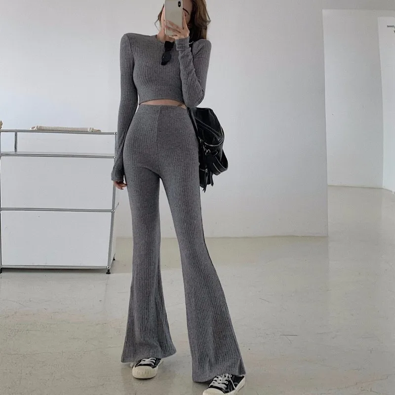 

New 2021 Korea 2 Piece Sets Womens Outfits Tracksuits Sweat Suits Knitted Basic Crop Top High Waisted Casual Flare Pants Set