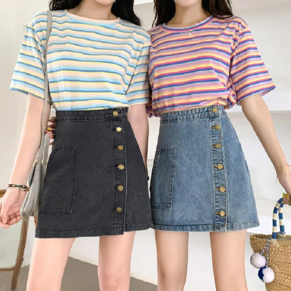 

Fashion Women High Waist Side Button up A Line Pockets Jean Denim Mini Skirt A Line Pockets Jean Denim Mini Skirt A Line Pockets