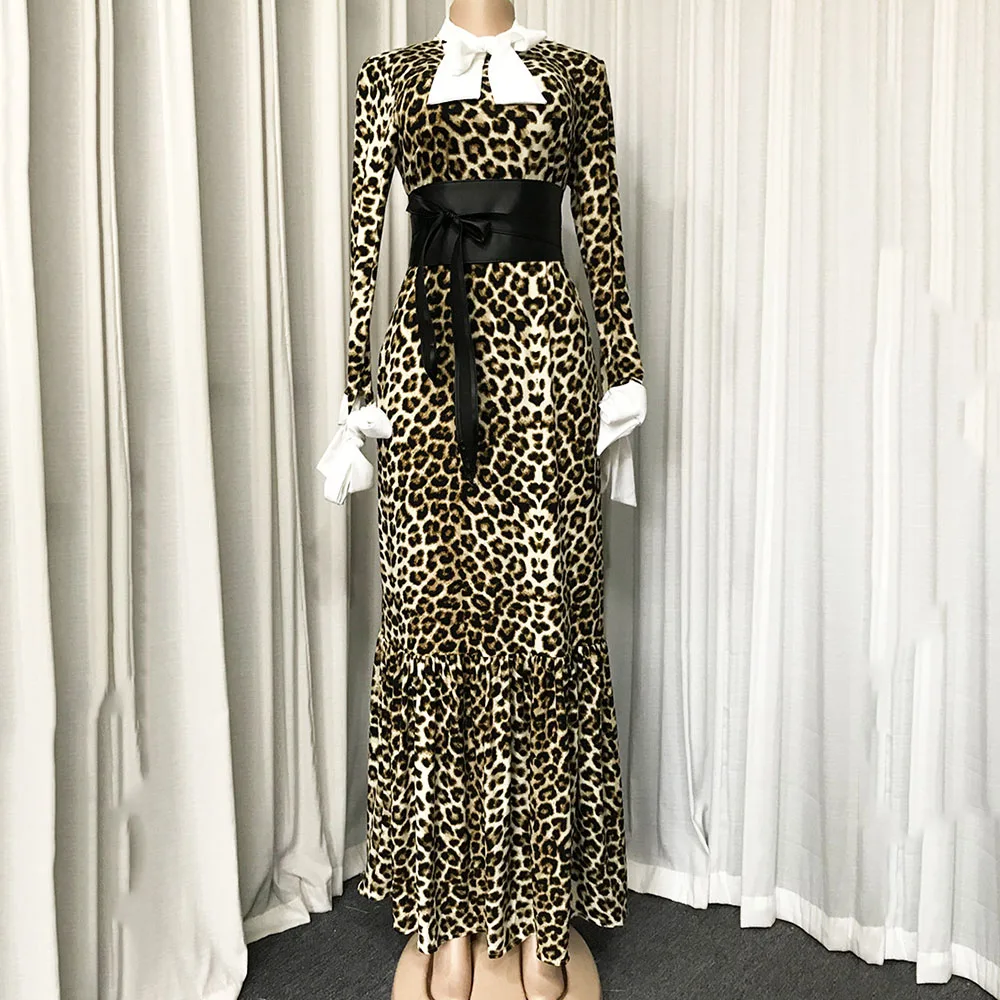

Western Style Women's Dress 2021 Spring Summer Fashion Temperament Casual Oversize Indie Bowknot Leopard Stand-up Collar