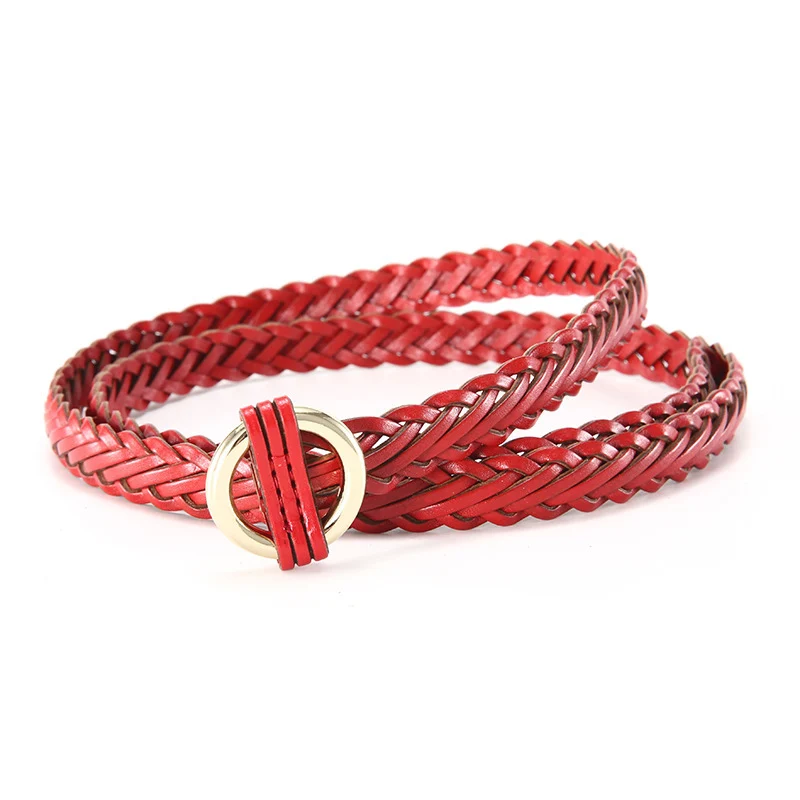PL008 red style2 COWATHER женский ремень модный дизайн Топ garde из коровьей кожи женский ремень из воловьей кожи винтажный вязаный pin пояс на пряжке - Цвет: PL008 red style2