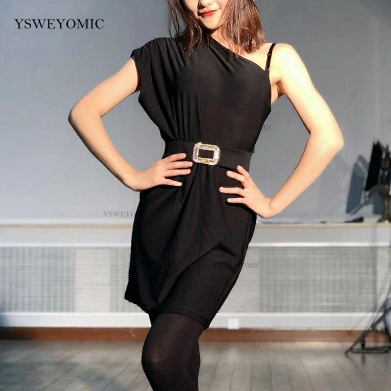 

Latin Dance Appreal Slanting Shoulders Short-sleeved Women Girls Practice Dance Dress For Latin Salsa Rumba Chacha Dance Class