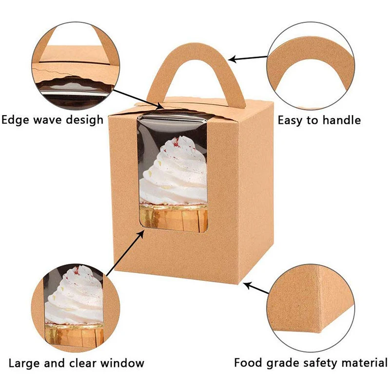 10 шт крафт кекс коробки с ручкой окна Кондитерские контейнеры кексы
