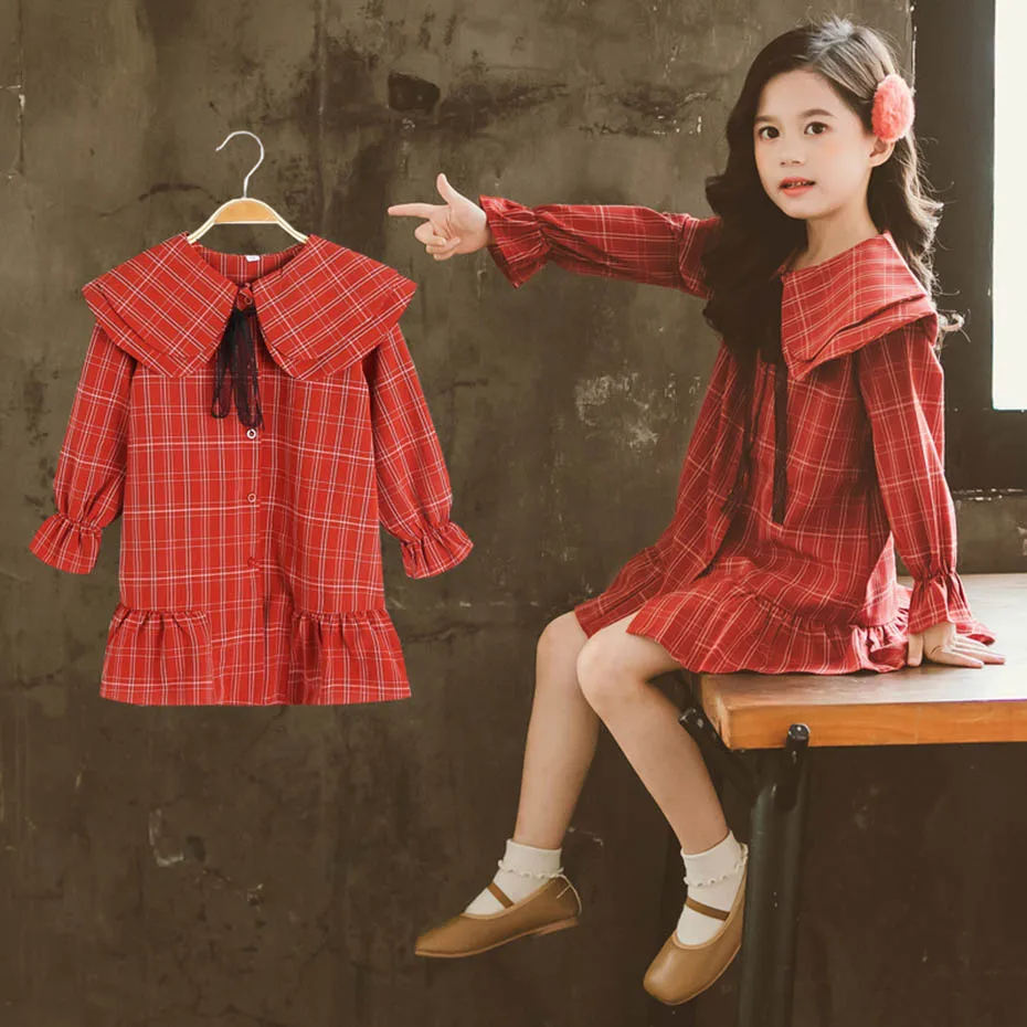 Платье для девочек вечерние ное платье в клетку Модное детское с отложным