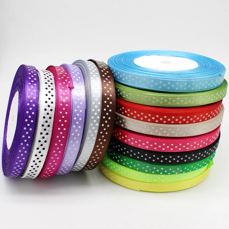

150Y 3/8"(1cm) satin ribbon printed white dots packing belt gift wedding party deco craft bows Garments Accessory