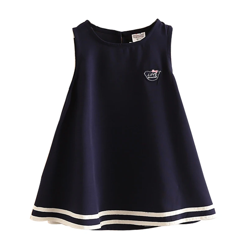 

2021 Summer 2 3 4 5 6 7 8 9 10 Years Cotton Embroidery Cartoon Sleeveless Vest Tank Navy Blue Preppy Style Dress For Kids Girls