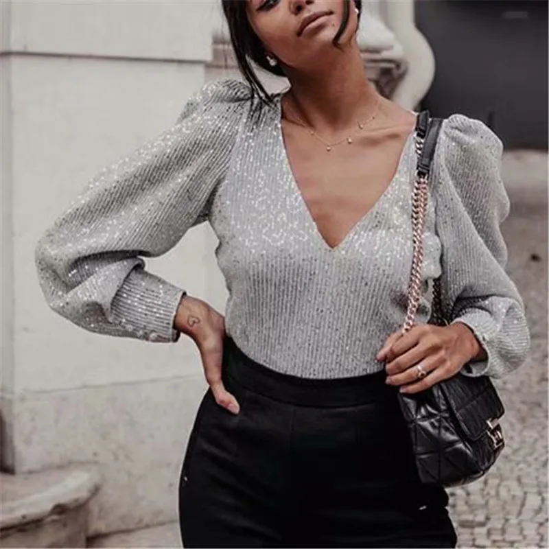 

Женская блузка с блестками, Сексуальная Блузка с V-образным вырезом и длинным рукавом, 2020