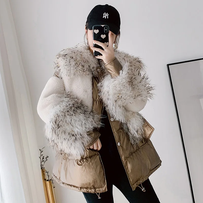 

Пуховик женский из натуральной кожи, с натуральным мехом, Осень-зима, 2020