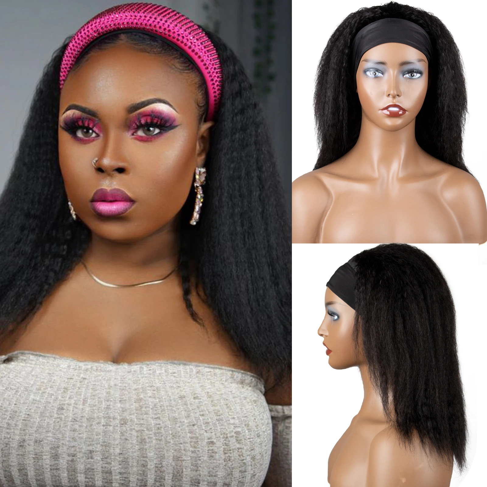 

Kinky Straight Headband Human Hair Wig 180% Density Yaki Brazilian Wig for Fashionable Black Women Daily Wear