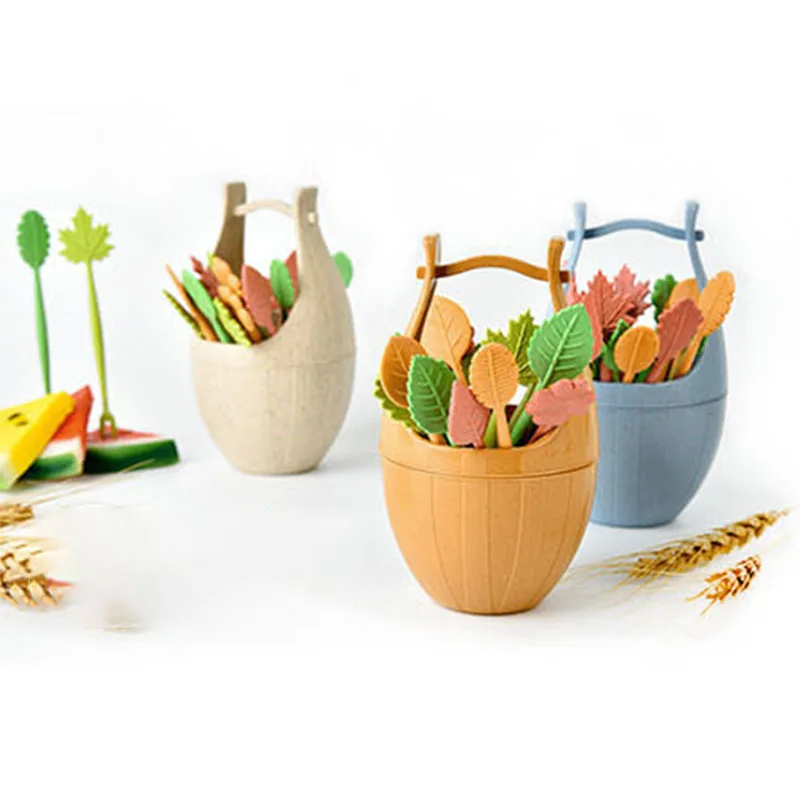 

16Pcs/Set Nordic Style Wheat Straw Barrel Leaves Fruit Fork Lunch Cake Dessert Picks Skewers Sandwich Fork Wedding Party Decor