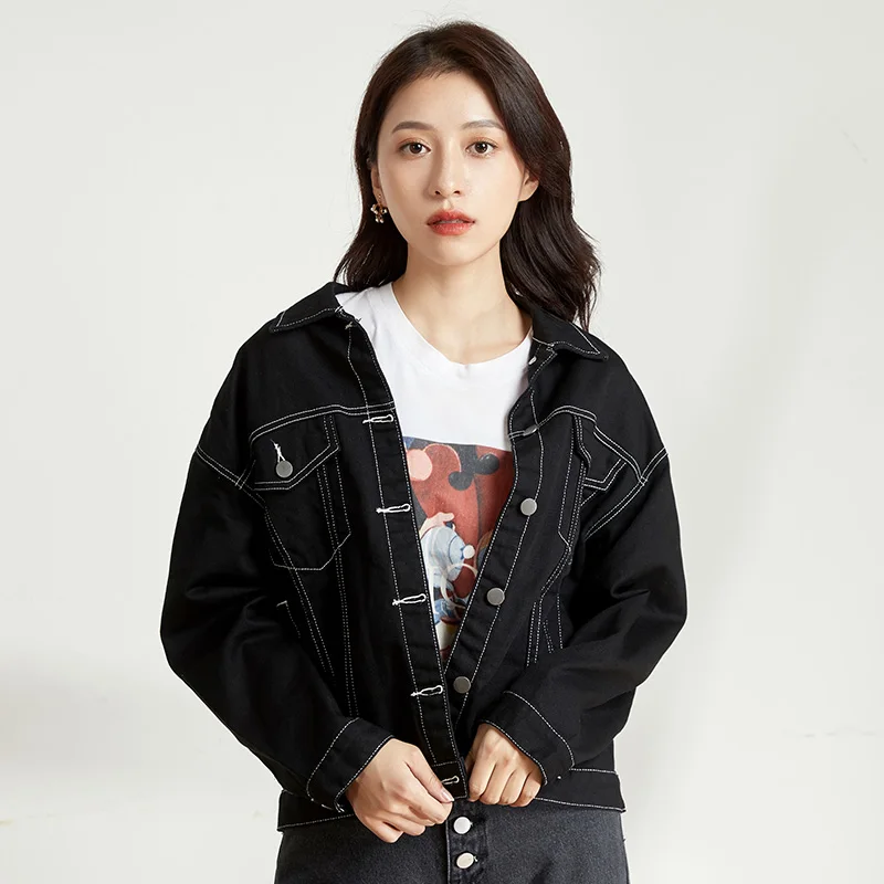 Женская свободная джинсовая куртка LEIJIJEANS классическая черная большого размера