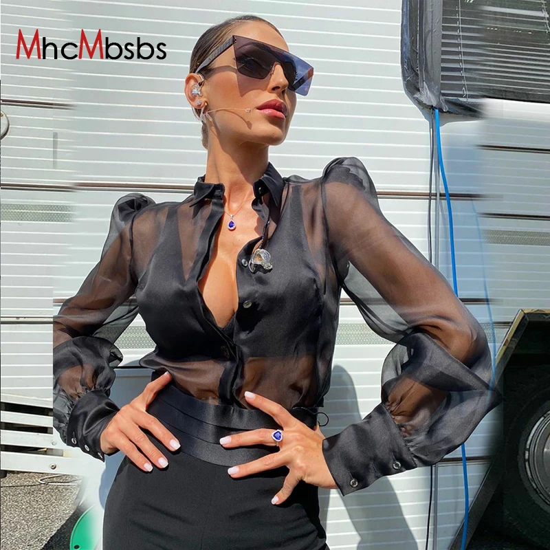 

Sexy Black Mesh See Through Casual Loose Shirts Women Lapel Single Breasted Gothic Blouse 2022 Summer Harajuku Kawaii Tops