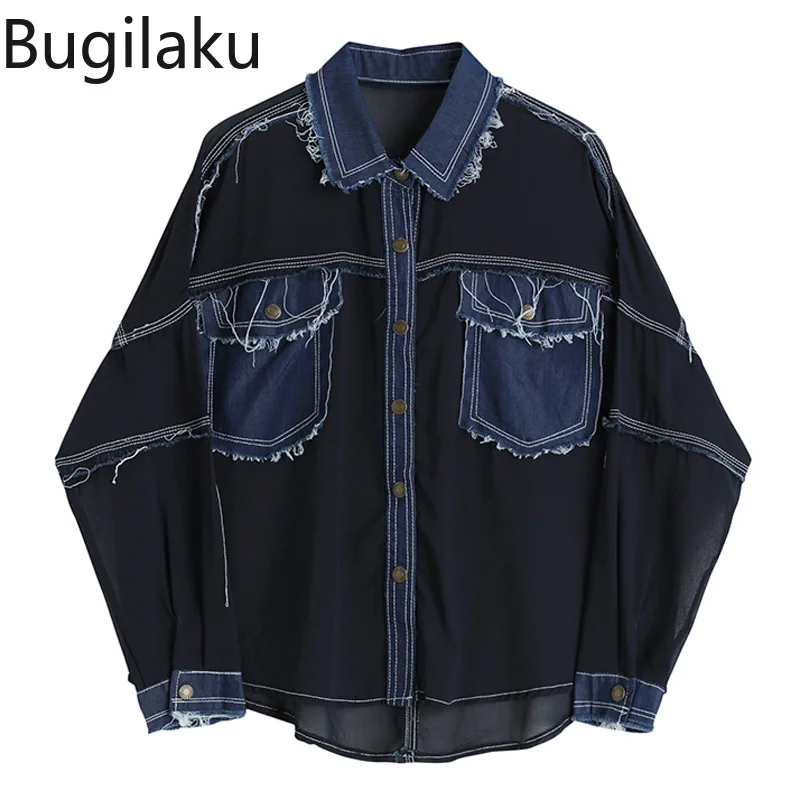 

Bugilaku Vitage Patchwork Denim Shirts Women Autumn New 2021 Long Sleeve Casual Blouse Turn Down Collar Long Sleeve Loose Tops