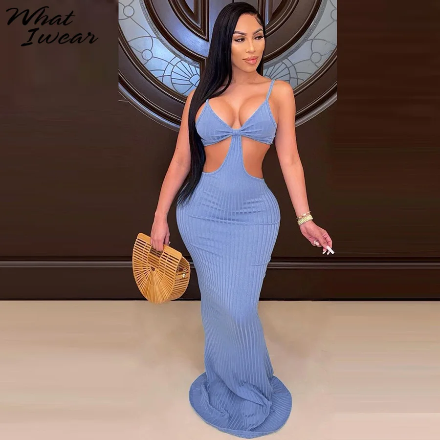 

Whatiwear Striped Summer Sexy Spaghetti Strap Party Maxi Dresses Cut Out V-Neck Club Outfits Women Hot Fashion платье Outfits