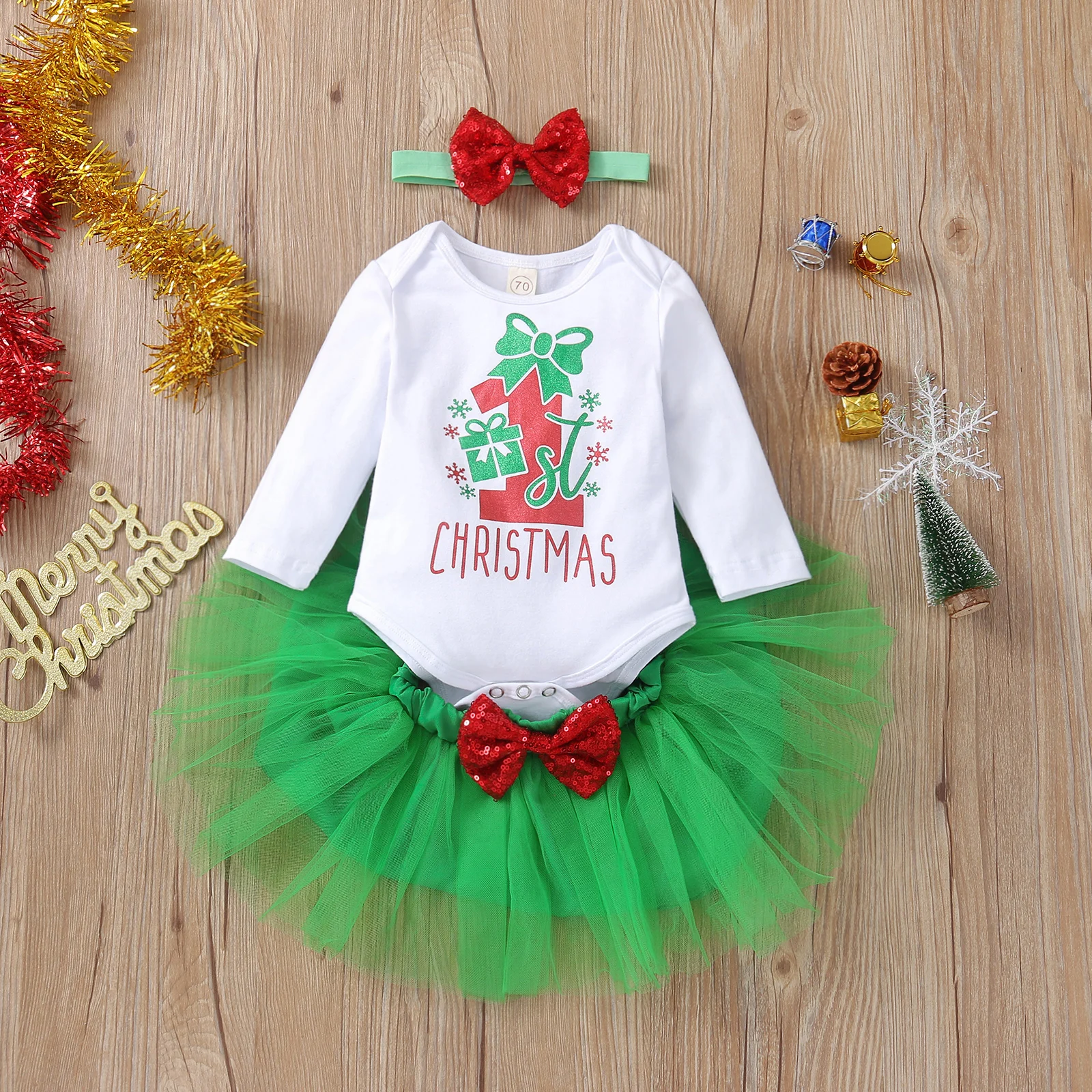 

Baby Girl’s Outfits Three Piece Suit Christmas Letter Romper and Bow Gauze Skirt with Headband