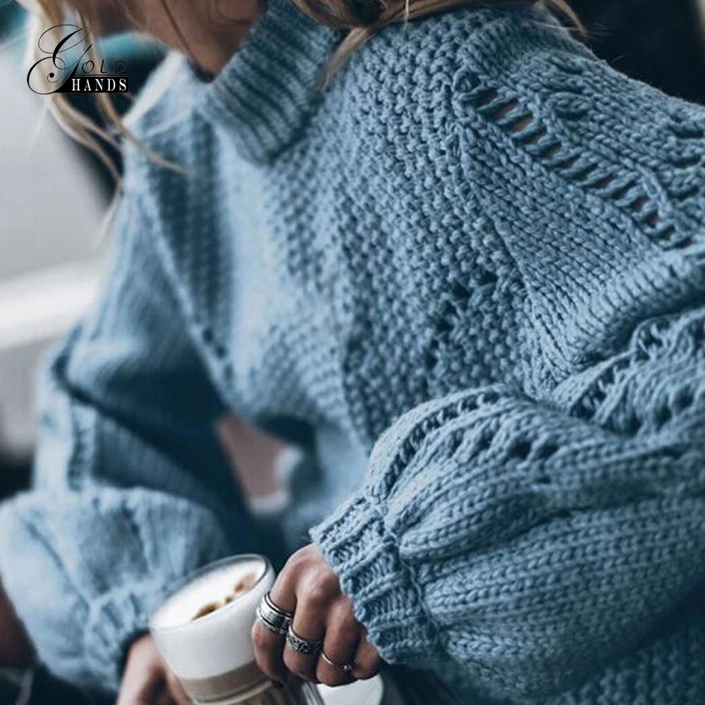 Gold Hands Women's Sweaters Autumn Warm Ladies Pullovers Hollow Out Loose Knitted Lantern Sleeve Solid Pullover Sweater Female | Женская