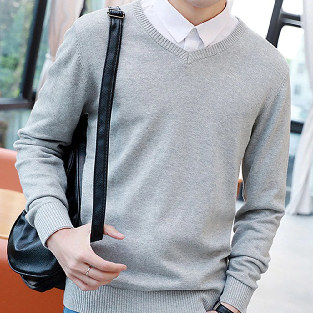 Весенний мужской однотонный тонкий пуловер с V-образным вырезом и длинным