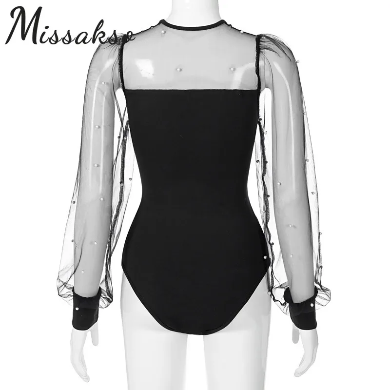 

Missakso Mesh Patchwork Bodysuit Sexy Long Sleeve 2021 Spring Casual Solid Black Fashion Party Club Women Bodysuits