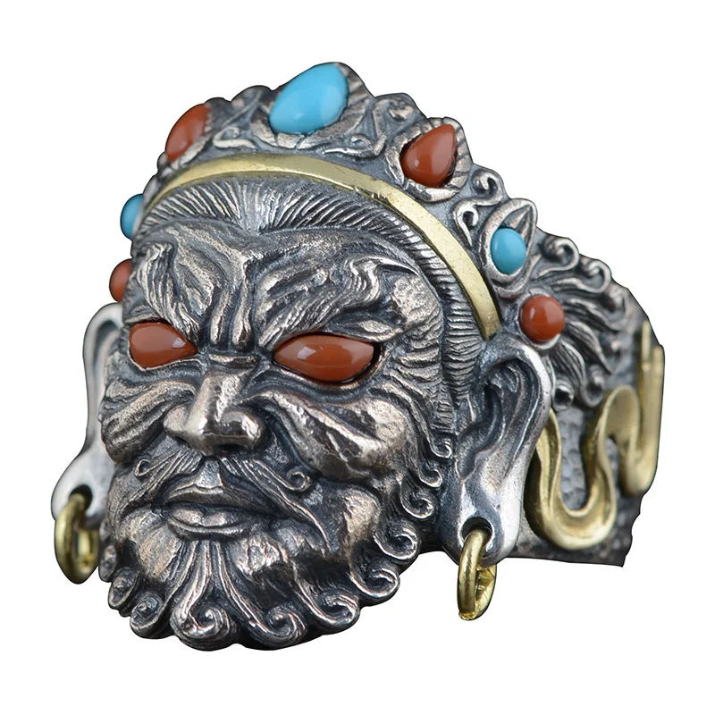 

925 Sterling Silver Ring China Style Face Men Ring Luxury High Quality Adjustable Fashion Jewelry Ring For Man Best Gift