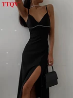 ttqv sexy strap v neck womens dress 2022 summer bodycon sleeveless midi dress ladies elegant black satin slit party dresses