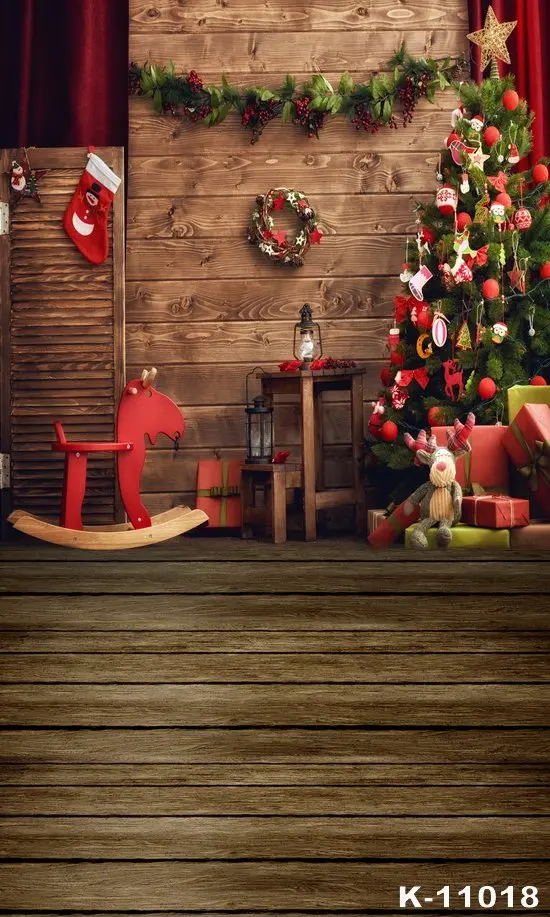 

Christmas Backdrop Wood Wall Wreath photography Backdrops Christmas Trees Red Sock Gift Family party Background Photobooth
