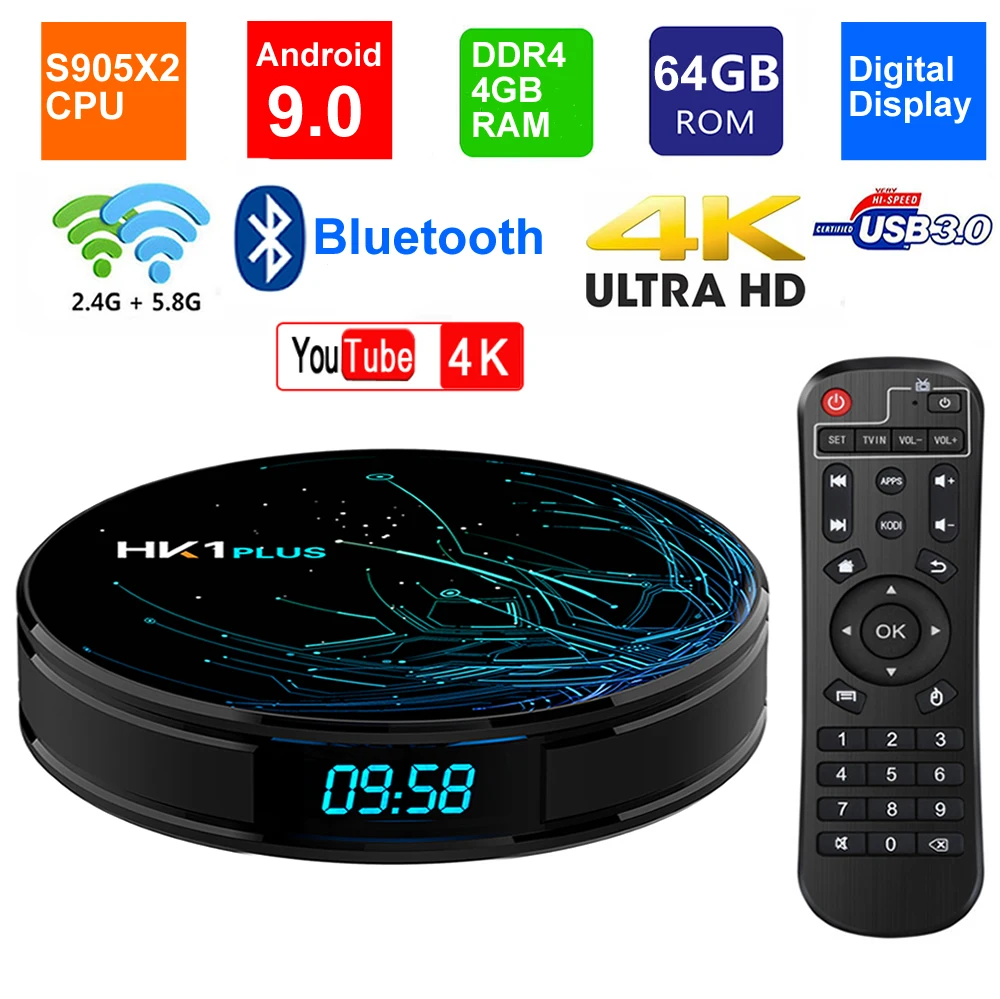 HK1 PLUS Smart TV BOX Android 9 0 OS S905X2 четырехъядерный LPDDR4 4 Гб 64 2 4G/5G двойной WIFI USB3.0 BT4.0 4K HDR H.265