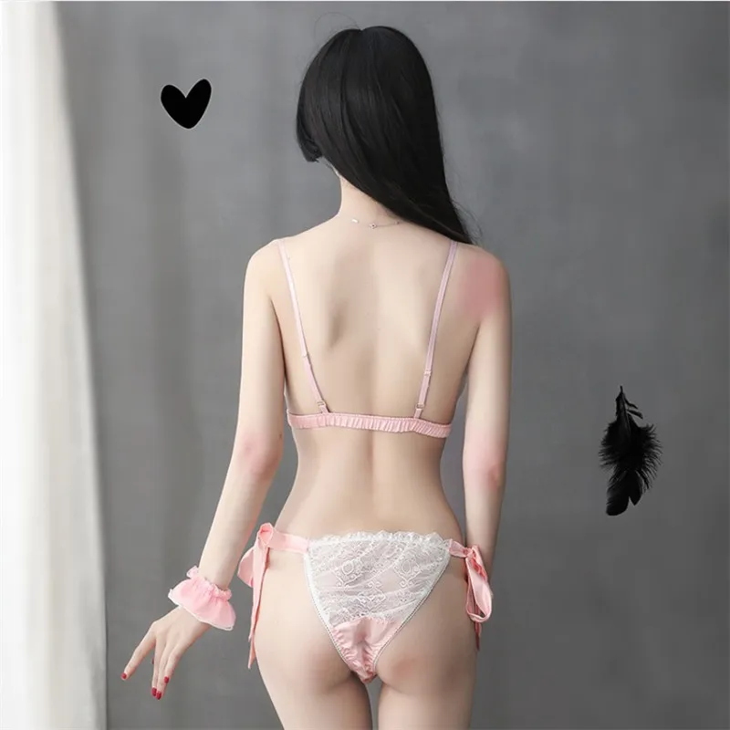 

New Ladies Sexy Split Bikini Swimsuit Lace Lolita Strappy Open Back Bra Panties Pink Bow Underwear Cute Girl Erotic Costume Suit
