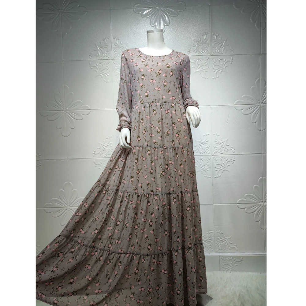 

Dubai Casual Floral Printed Long Dress Chiffon Muslim Abaya For Women Spring Autumn Maxi Robe Middle East Islamic Ladies Dresses