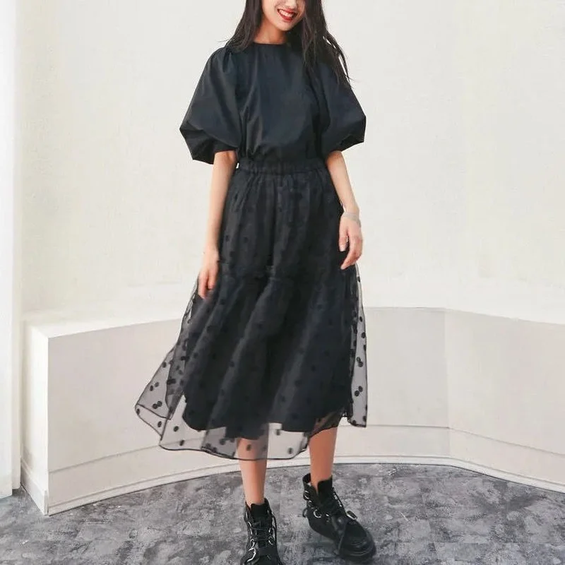 

HOUZHOU Elegant Tutu Skirt Women Vintage High Waist Ruffle Polka Dot Long Skirt Korean Fashion Temperament Jupe Longue Femme