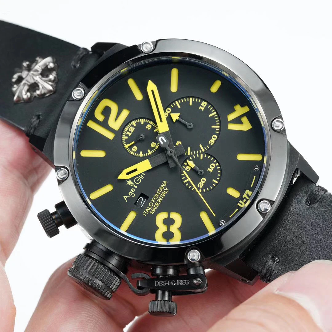 

New Chronograph Stopwatch Men U CHRONOMETER U72 Chimera Aged Brown Cow Black Case Leather Boat Watch Sapphire Orange White