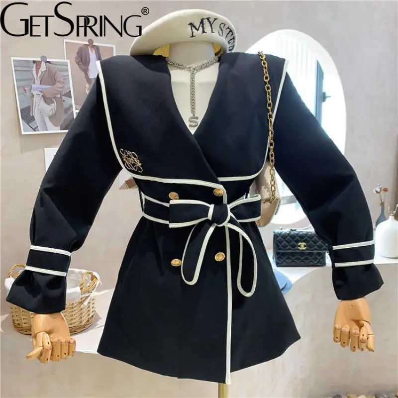 

GetSpring Женская куртка лоскутный матросский воротник двубортная Женская куртка на шнуровке облегающий женский топ осень 2021 модная новинка