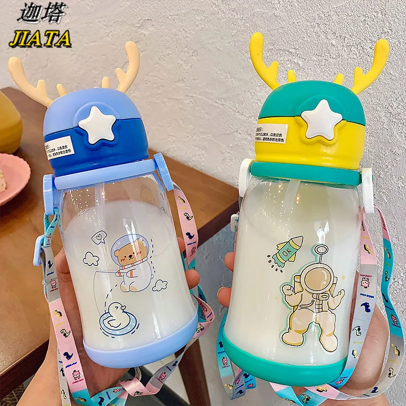 

Children's Cute Antler Water Cup Cartoon Pop Lid Drinking Water Student Cup with Strap Portable Straw Children Cup Bottles
