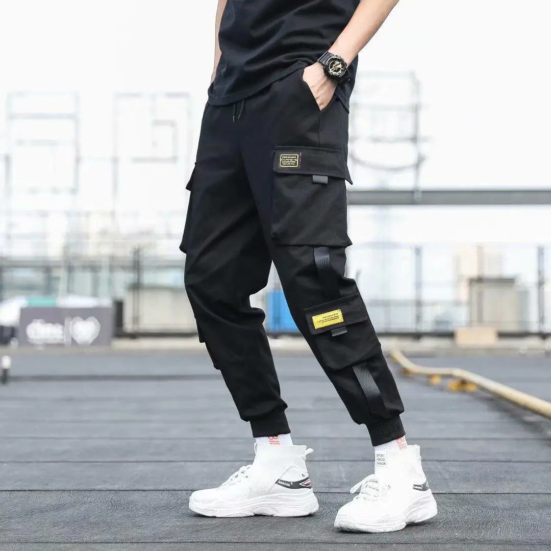 

Hip Cargo Harem Joggers Pants Black Fashion Streetwear Side Casual Pants Male Trousers Ribbons Casual Hop Pockets Men's Cargo H