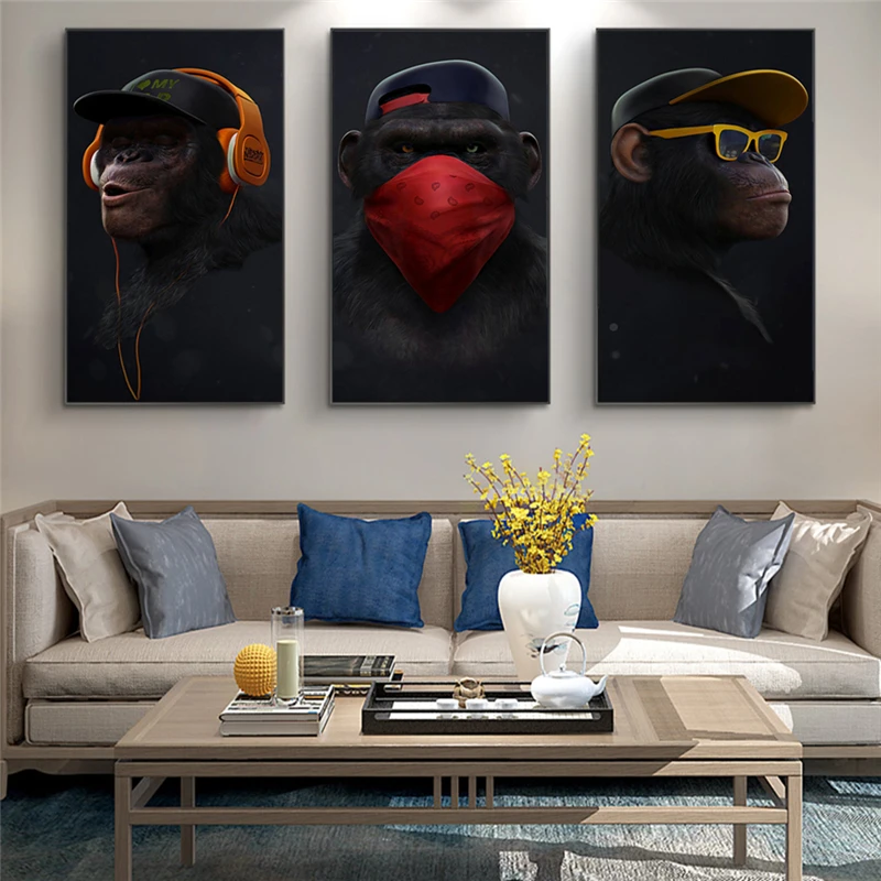Очки наушники музыкальная обезьяна большой постер Абстрактная Картина на холсте