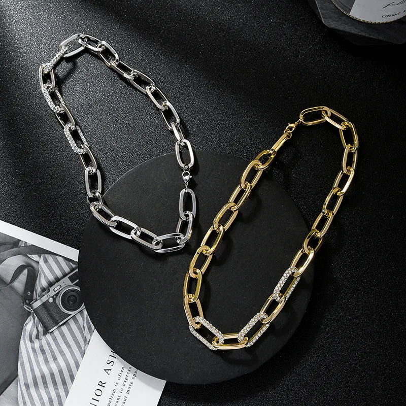 Punk Large Thick Chain Necklace For Women Inlaid With Rhinestones Choker Gift To Girlfriend Female Concise Fashion Jewelry Trend