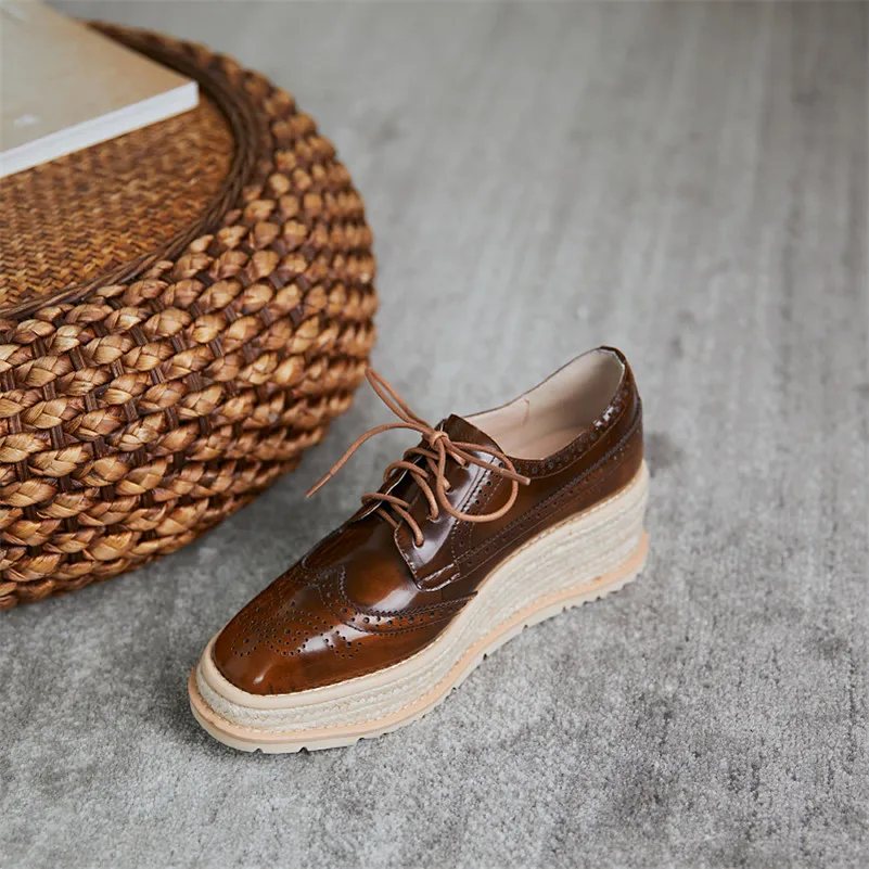 

Meotina Shoes Women Real Leather Platform Wedge Heels Pumps Espadrille High Heel Shoes Lace Up Retro Footwear Lady Spring 33-40
