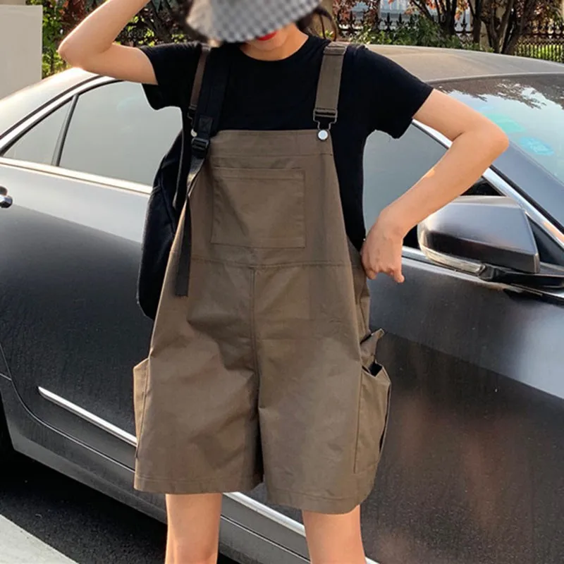 

Fashion Summer Women Young Wild Loose Solid Color Strap Shorts Overalls
