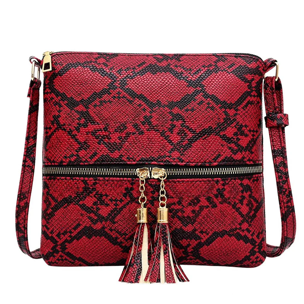 Red Fashion Women Tassel Snake Printing Zipper Messenger Bag Handbag Shoulder Bag Elegant Small Square Bags#YJ - Цвет: Red