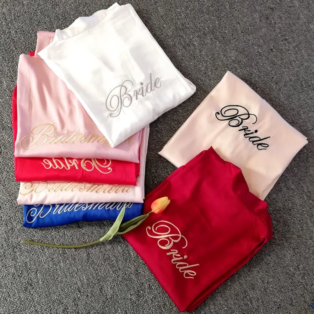 

Bridal Bridesmaids Wedding Kimono Robe Gown Women Spring Summer New Satin Bathrobe Casual Letter Embroidery Sleepwear With Belt