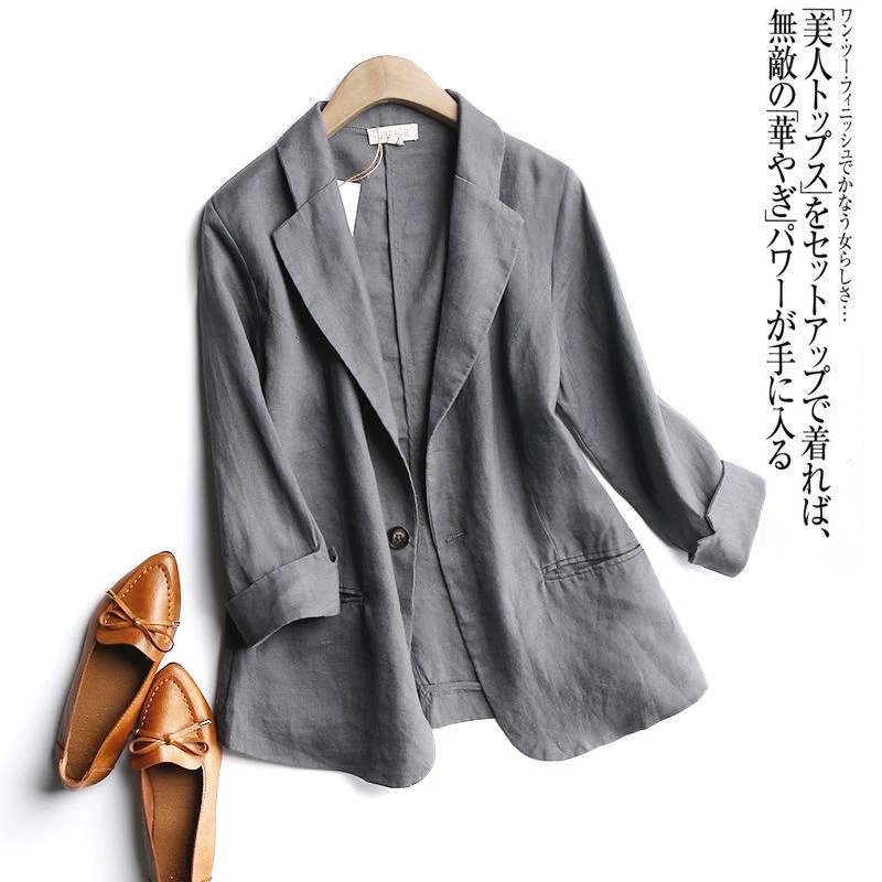 

2020 Summer Arts Style Women 3/4 Sleeve Loose Casual Blazers Single Button Cotton Linen Solid Blezer Femme Coat Plus Size S995