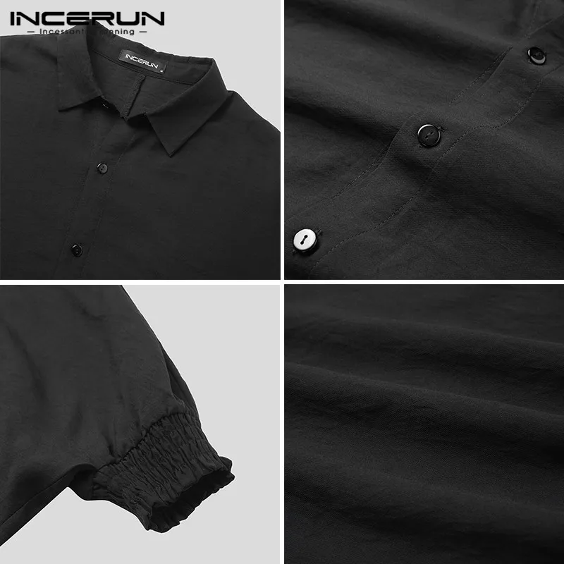 

Solid Color Men Shirt Vintage Streetwear Loose Button Turn Down Collar Long Sleeve Irregular Shirts Casual Camisas INCERUN 7