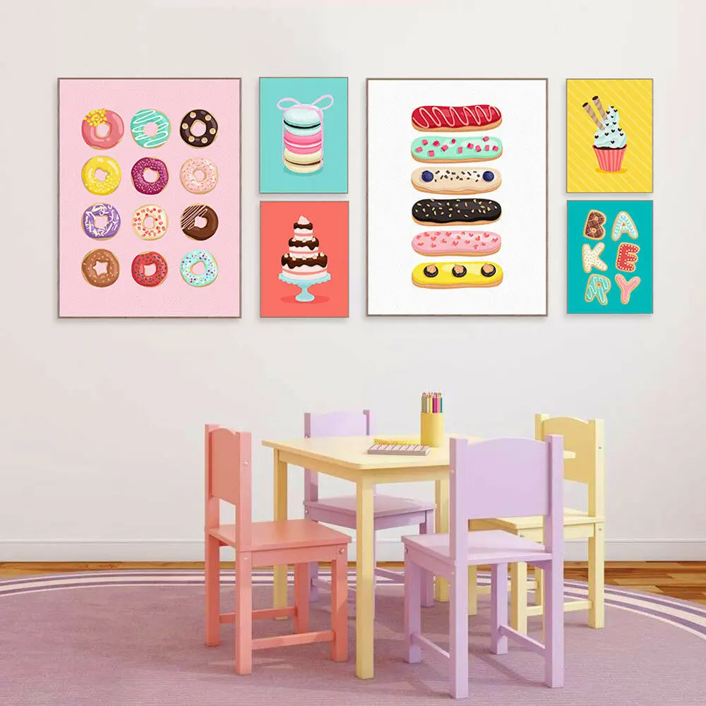 

Doughnut Macarone Paintings Wall Art Nursery Canvas Painting Wall Picture Nordic Picture Dessert Shop Decor Picture Unframed
