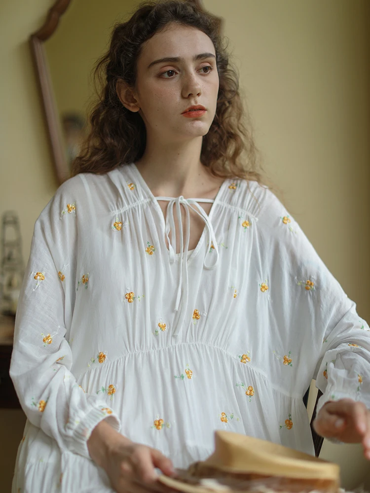 LYNETTE'S CHINOISERIE Spring Summer Women Mori Girls Romantic French Flower Embroidery Loose Cotton White Dresses