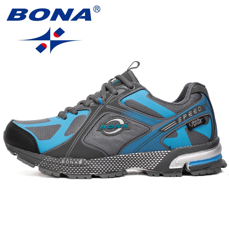 Blue Dark Gray BONA мужские кроссовки водонепроницаемые Прогулочные кроссовки спортивная обувь удобные Тренеры дизайнерские тренды спортивная обувь - Цвет: Blue Dark Gray