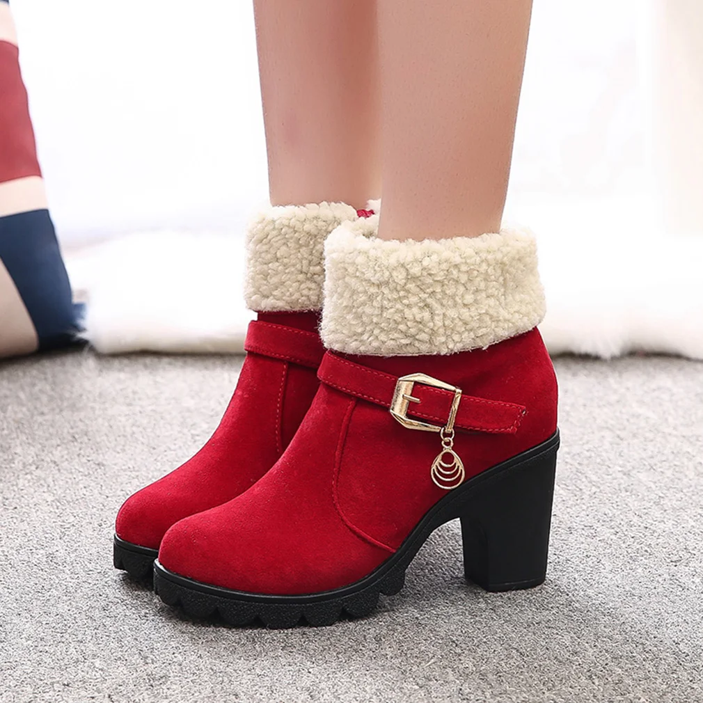

2020 Winter High Heel Boots Platform Warm Plush Square Heels Winter Shoes Women's Boots Ladies Fashion Brand Ankle Snow Boots