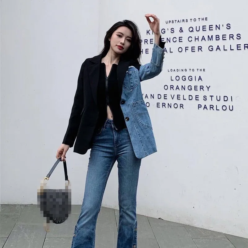 

Autumn 2021 Loose Suit Stitching Denim Coat Irregular Single Breasted Slim Jacket Female Fashion Tido