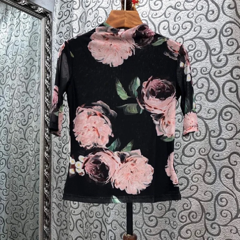 

2020 Autumn Winter Fashion Tops & Tees Women Stand Neck Vintage Floral Print Half Sleeve Casual Basic Tops Female Sexy T-Shirt